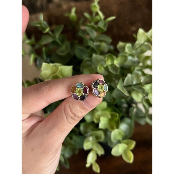 925 Gold Multicolor Stones Stud Earrings - Picture 5 of 7